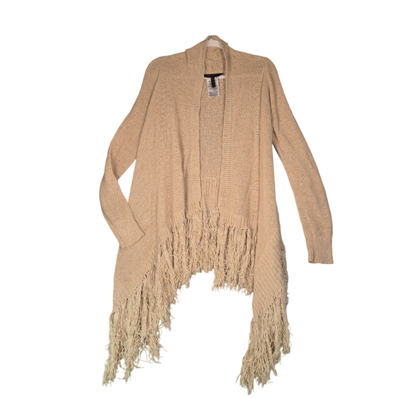 BCBGMaxAzria Cardigan Sweater Women Medium Beige Cotton Blend Fringe Waterfall - Picture 2 of 11
